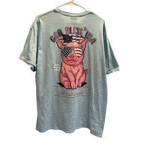 Simply Southern Blue Pink Pig Tee Shirt God Bless the USA XL - Like New